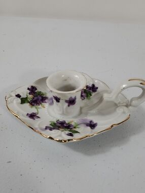 Porcelain Violets Chamberstick Candle Holder with Gold Trim